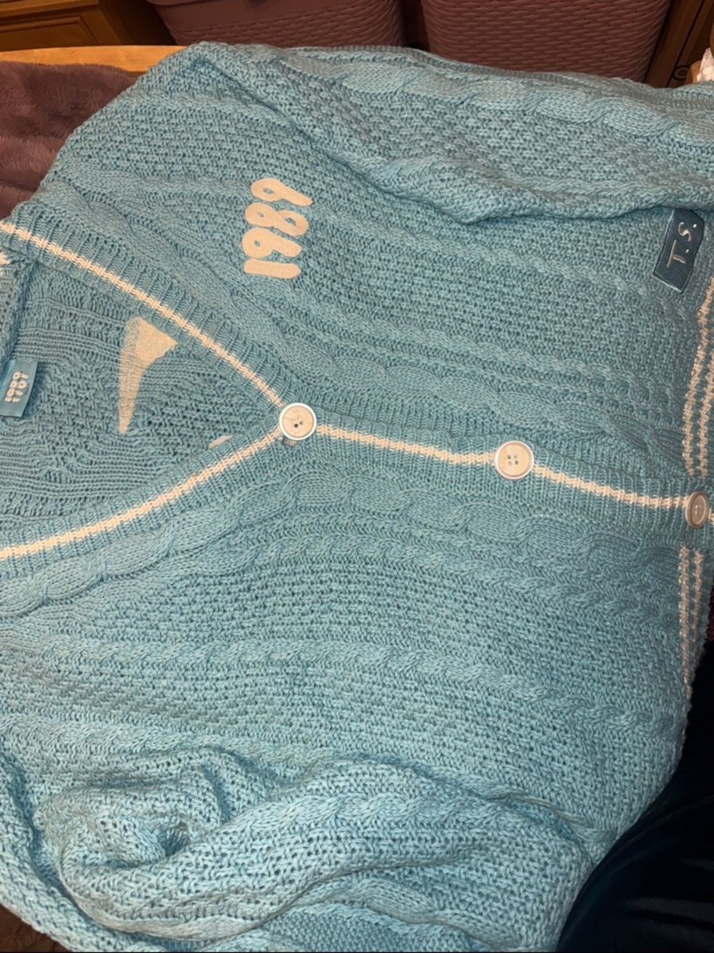 Taylor Swift 1989 TV Light Blue Cable Knit Button Cardigan with White Trim